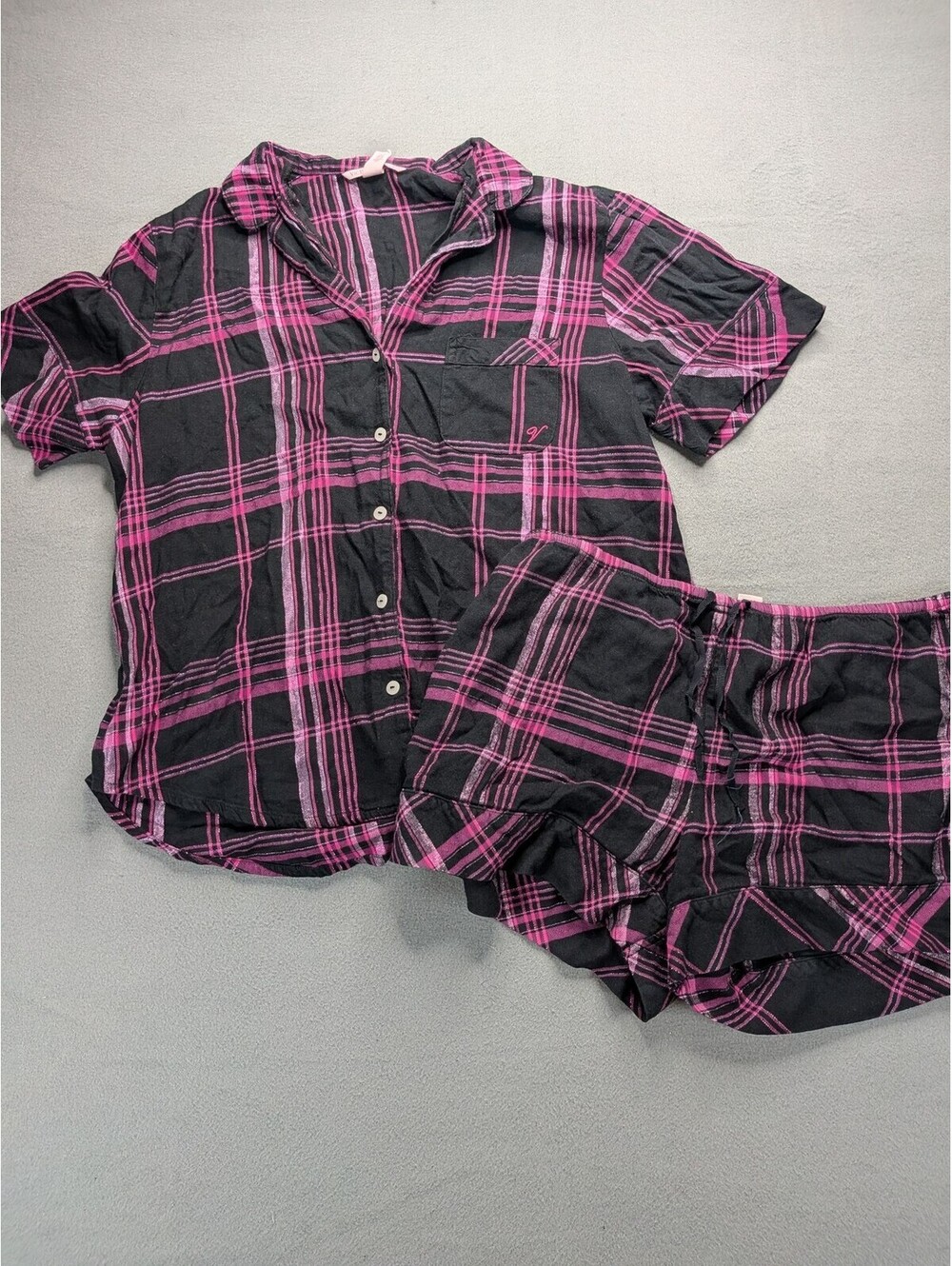 Victoria's Secret Pajama Set Womens M Black Pink Plaid Flannel Shorts Lounge